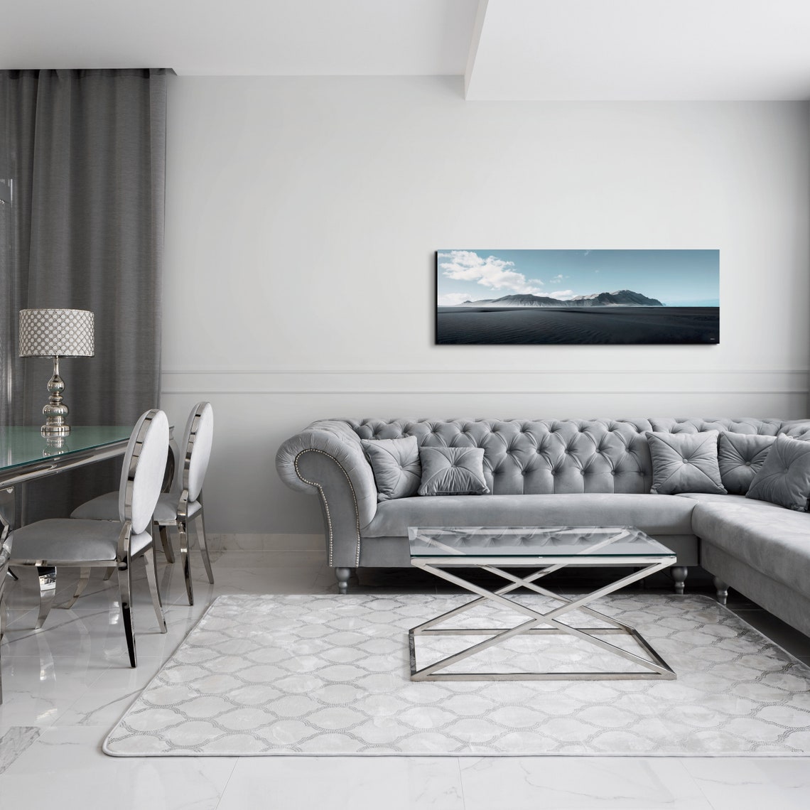 Minimal Black Sand Beach Stretching Toward Distant Mountains Poster - Image 5