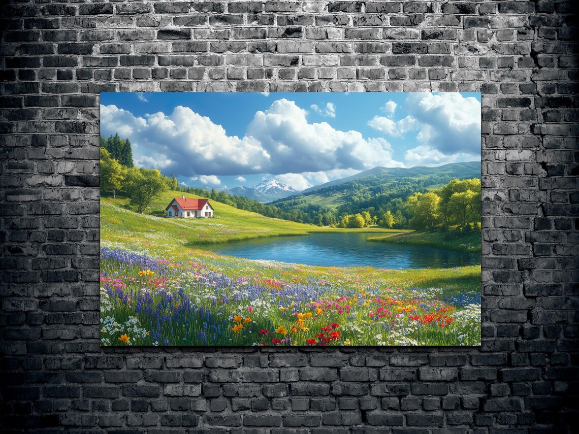 Colorful Wildflower Meadow Lake Mountain Cabin Landscape Poster - Image 2
