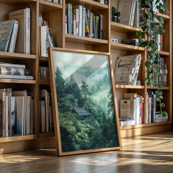Watercolor Cabin In Misty Mountain Forest