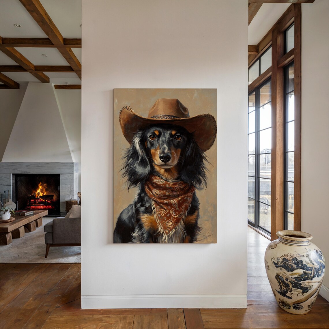Cowboy Dachshund Western Dog Portrait, Rustic Art Print - Image 2