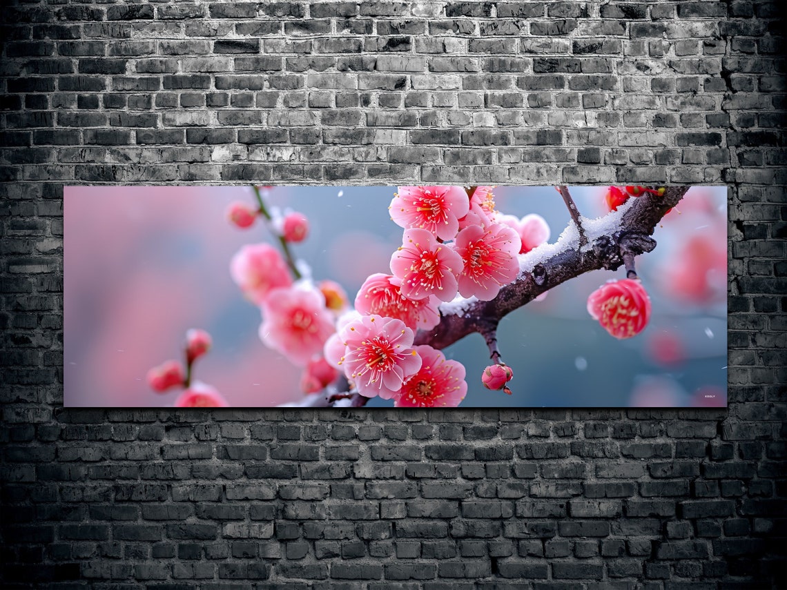 Pink Cherry Blossom Tree Branch On Art Print Large Tree Artwork Gallery Wrap Stretched On Ready To Hang Panoramic - Image 2