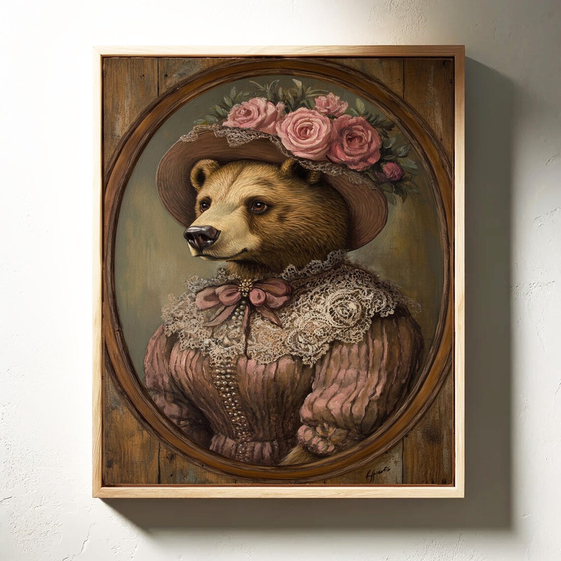 Elegant Bear Lady In Floral Hat And Lace Vintage Whimsical Animal Portrait Poster - Image 2