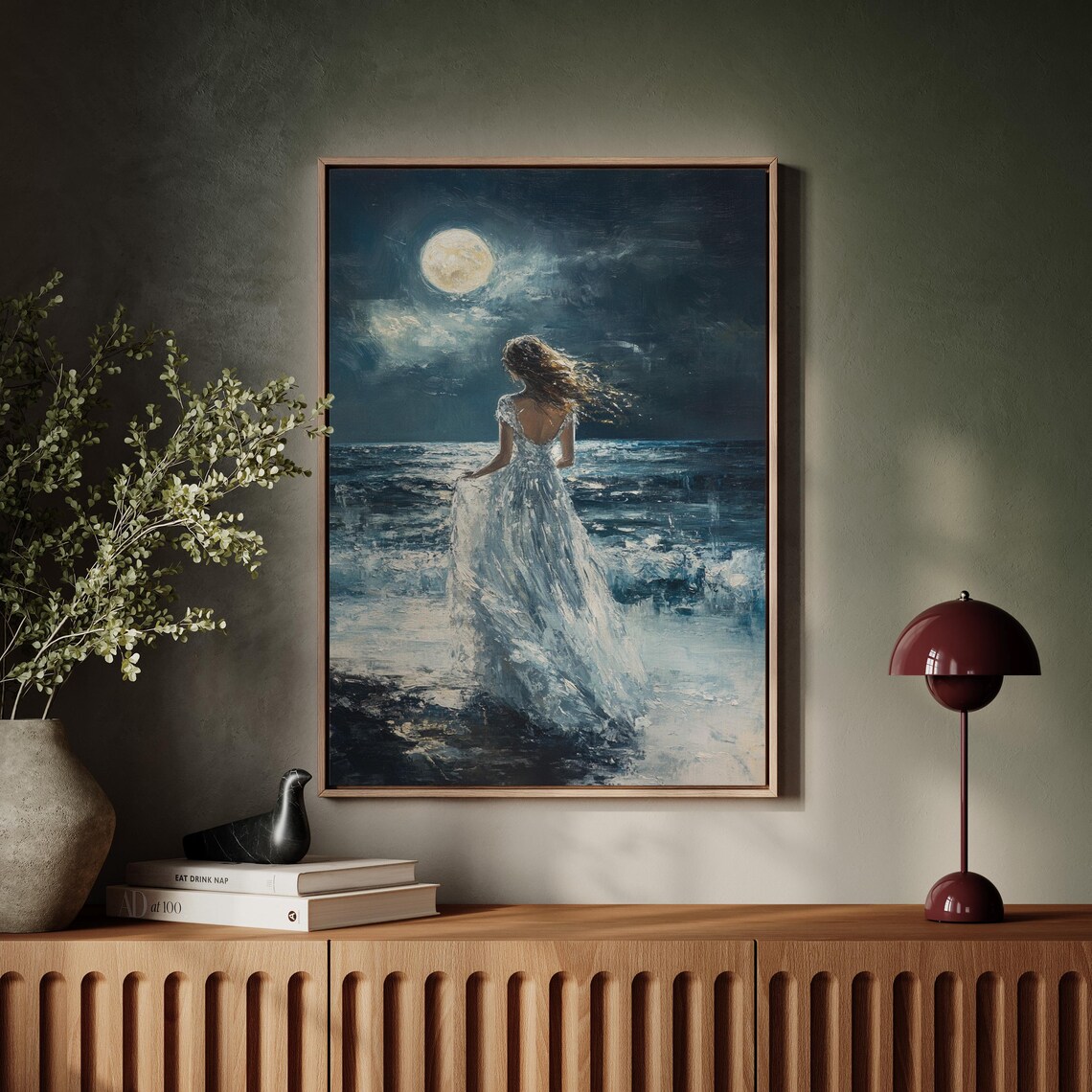 Woman in White Gown Under Full Moon by the Night Ocean Poster - Image 7