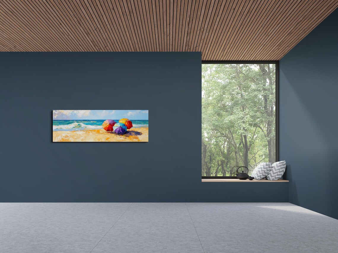 Beach Parasols Oil Painting, Panoramic Beach Scene - Image 5