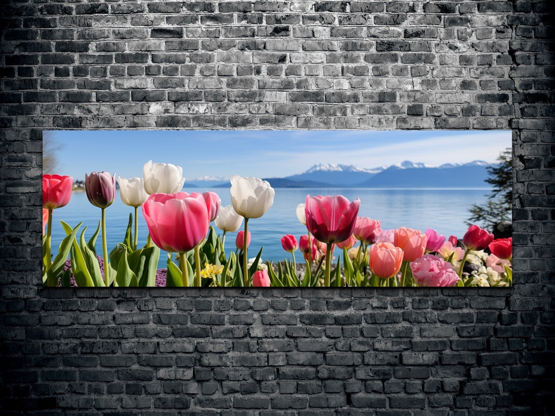 Colorful Tulips Blooming Beside a Lake with Snowy Mountains Poster - Image 2