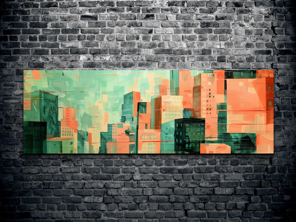 Abstract Coral and Teal City Skyline Geometric Modern Art Poster - Image 2