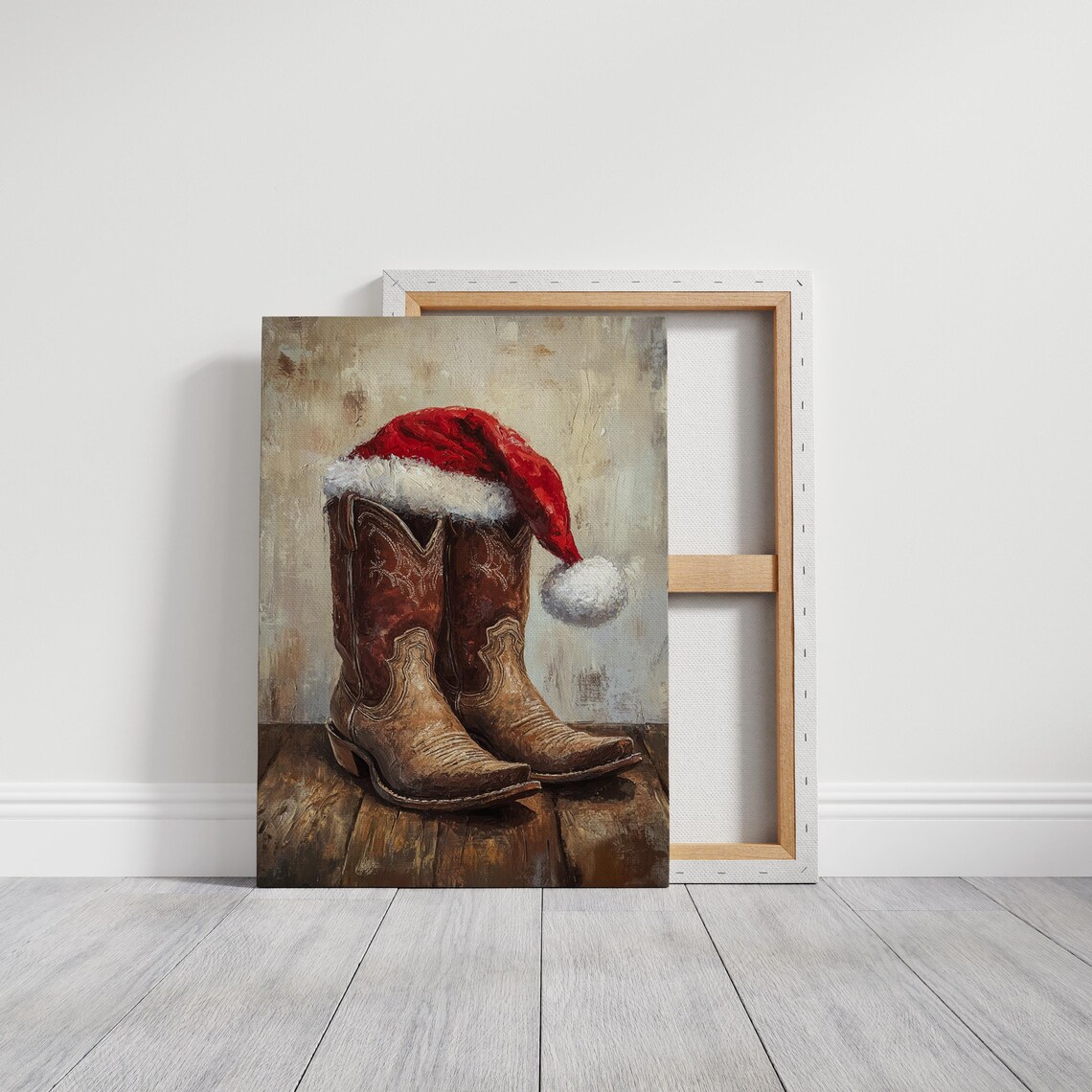 Rustic Cowboy Boots with Santa Hat Christmas Western Painting Poster - Image 3