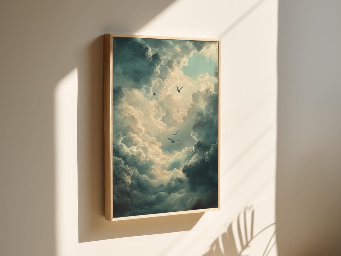 Birds Flying Through Luminous Soft Clouds In Minty Dreamy Sky Poster - Image 3