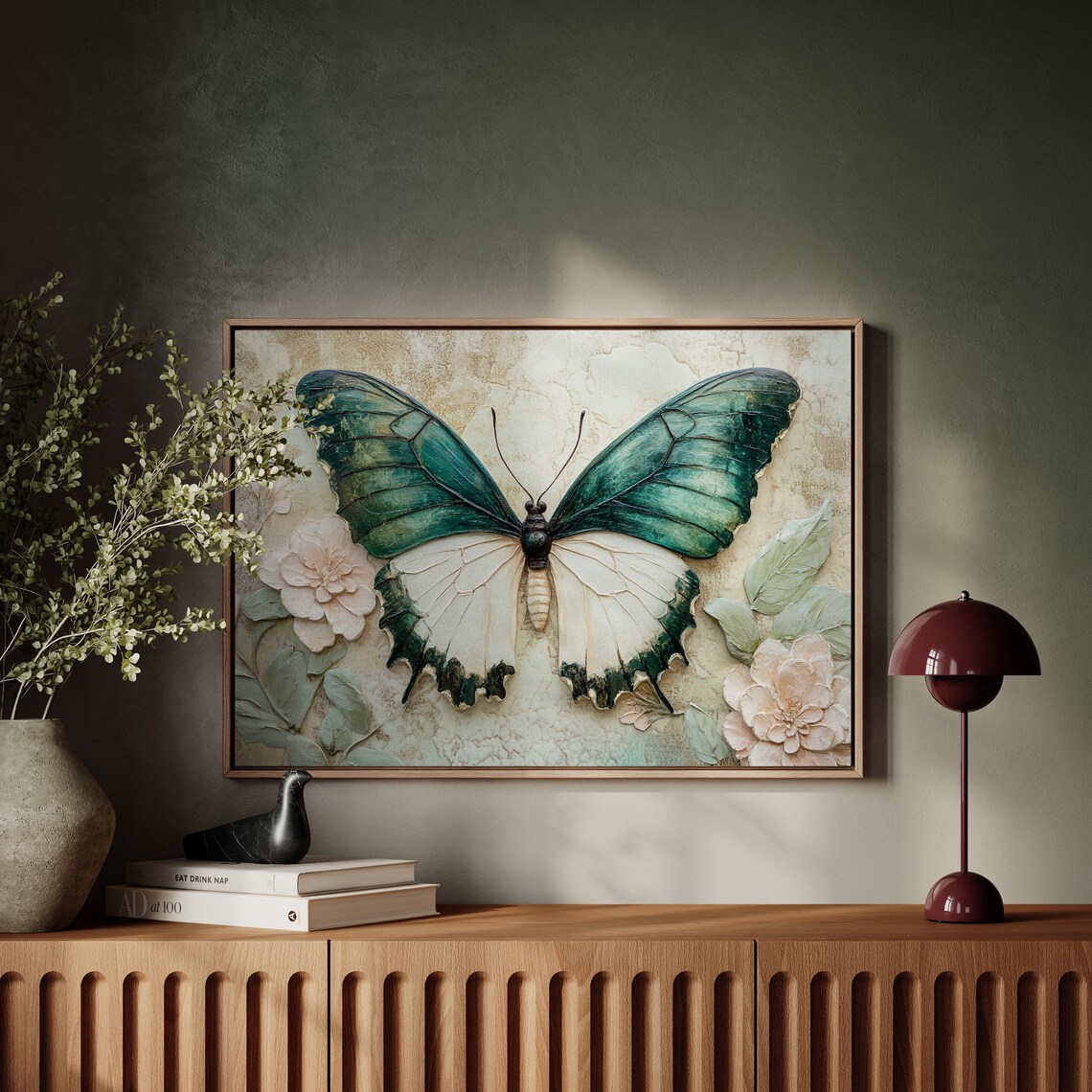 Green Butterfly Nature-Inspired Art Print, Floral Details - Image 3