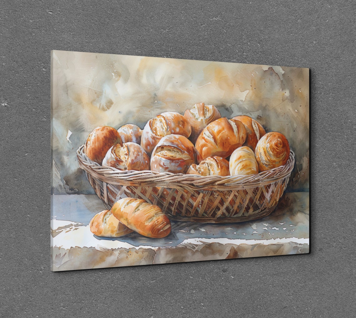Watercolor Basket of Fresh Baked Bread Rolls Kitchen Wall Art - Image 7