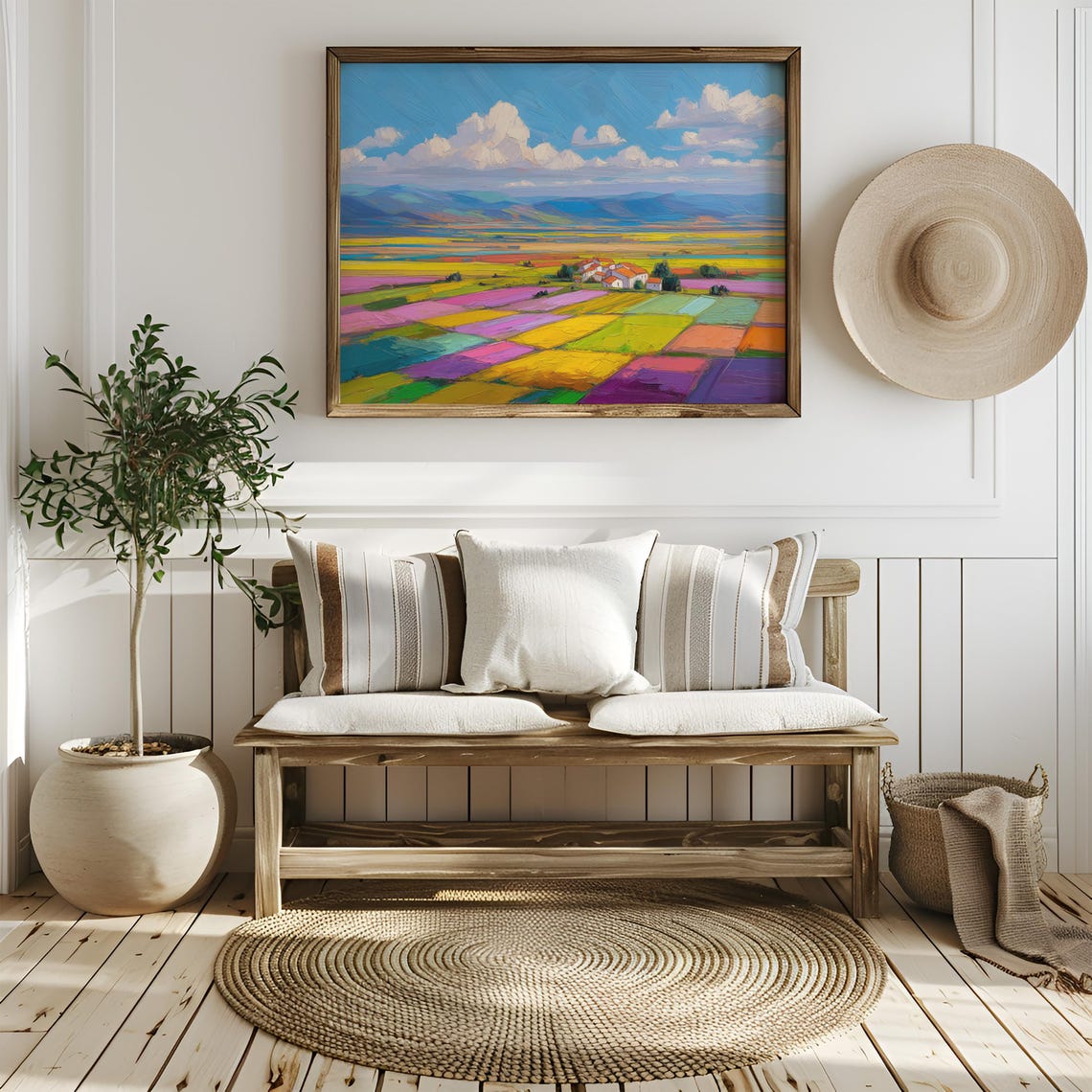 Colorful Patchwork Countryside Fields Village Farmhouse Poster