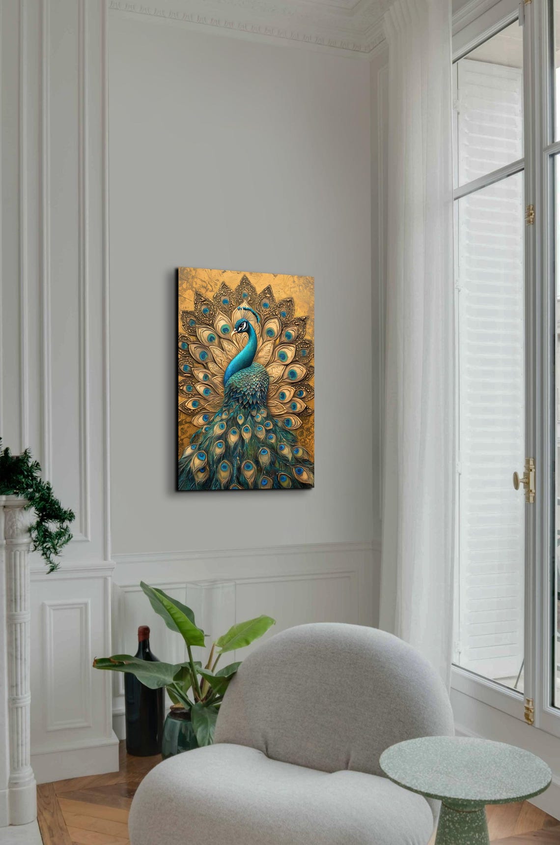 Majestic Peacock Golden Fanned Tail Royal Bird Portrait Art Poster - Image 3