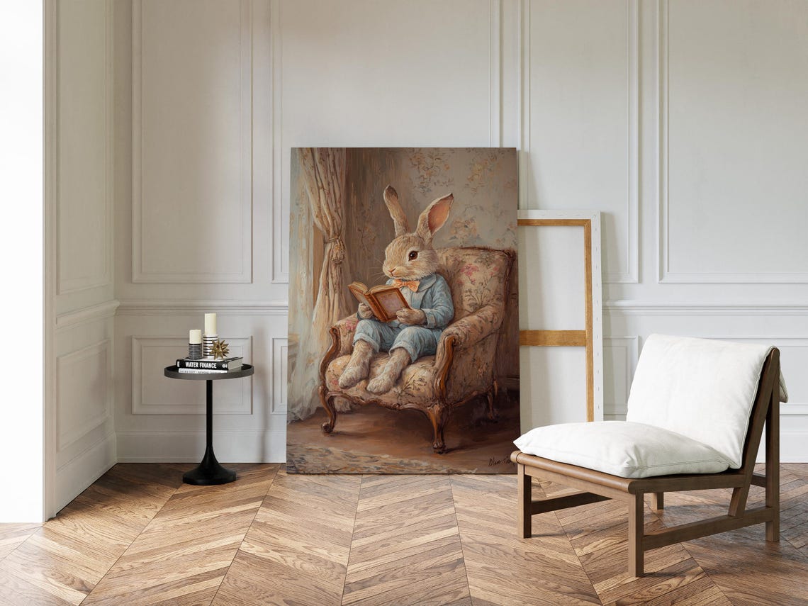 Whimsical Bunny Reading Book In Floral Armchair Nursery Poster - Image 3