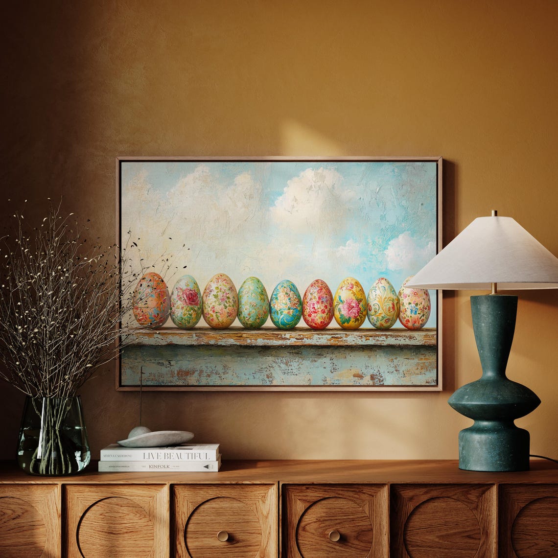 Nine Hand Painted Floral Easter Eggs on Rustic Wooden Shelf Poster - Image 7