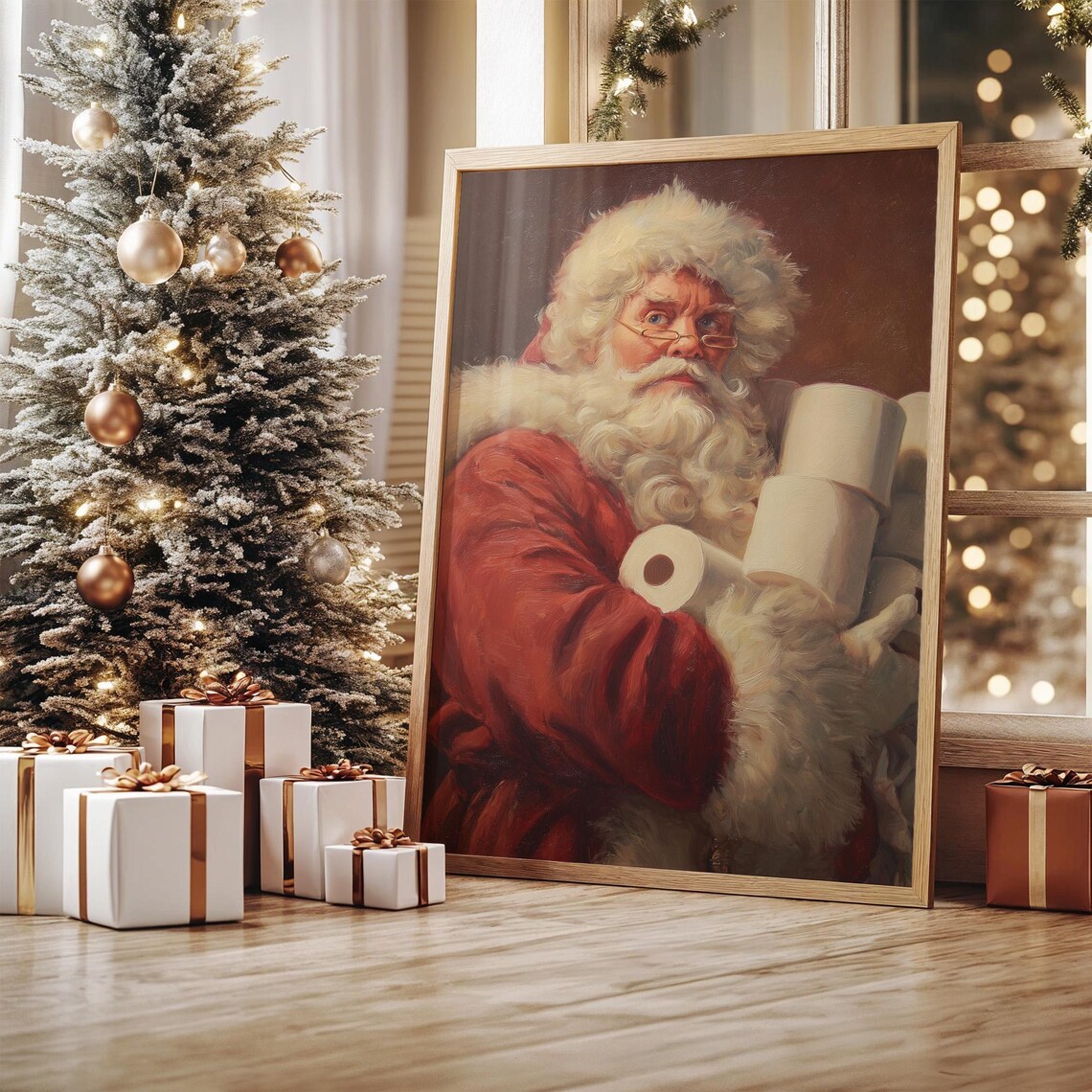 Funny Santa Holding Toilet Paper, Holiday Art Print