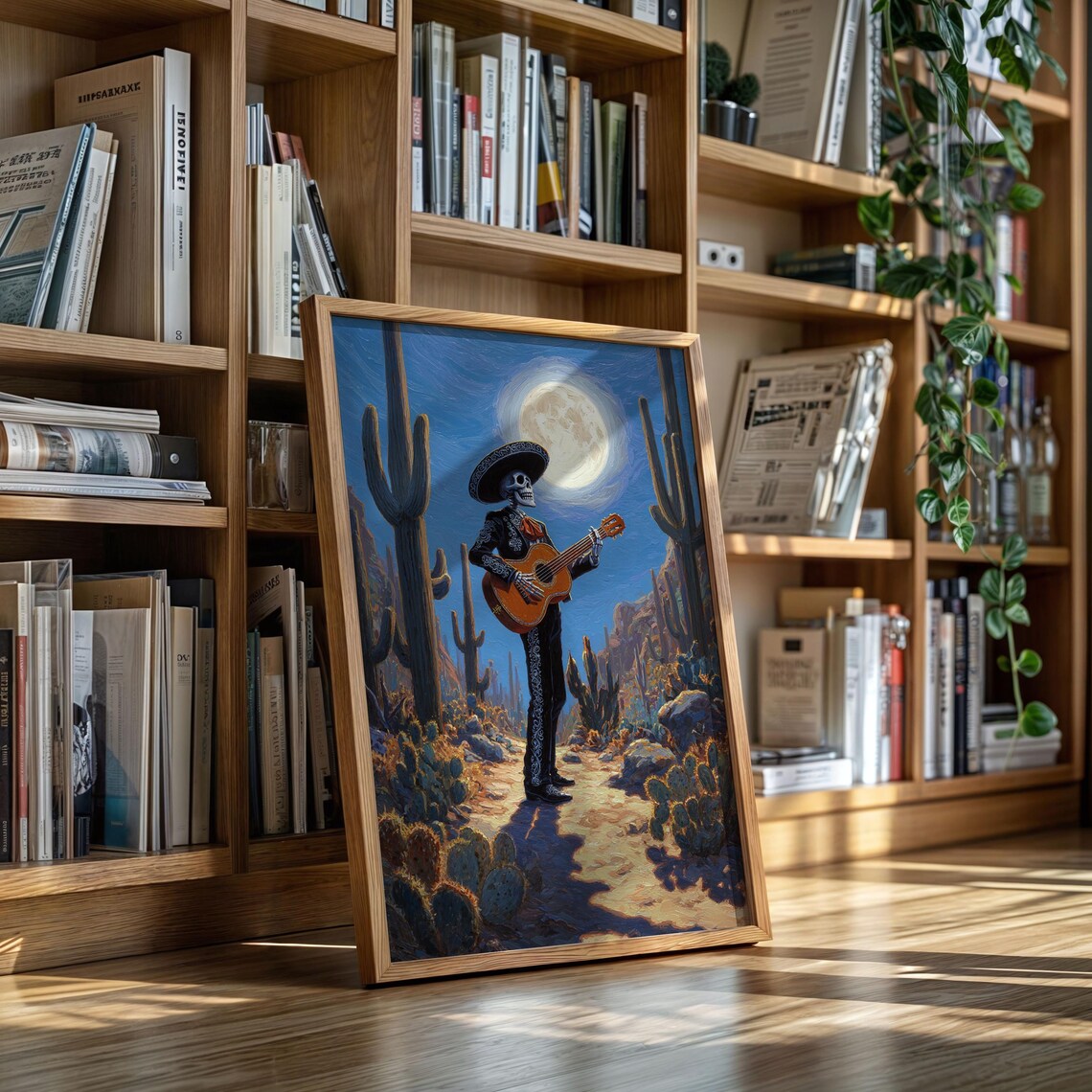 Skeleton Mariachi Guitarist Under Full Moon Desert Night Cactus Scene Wall Art