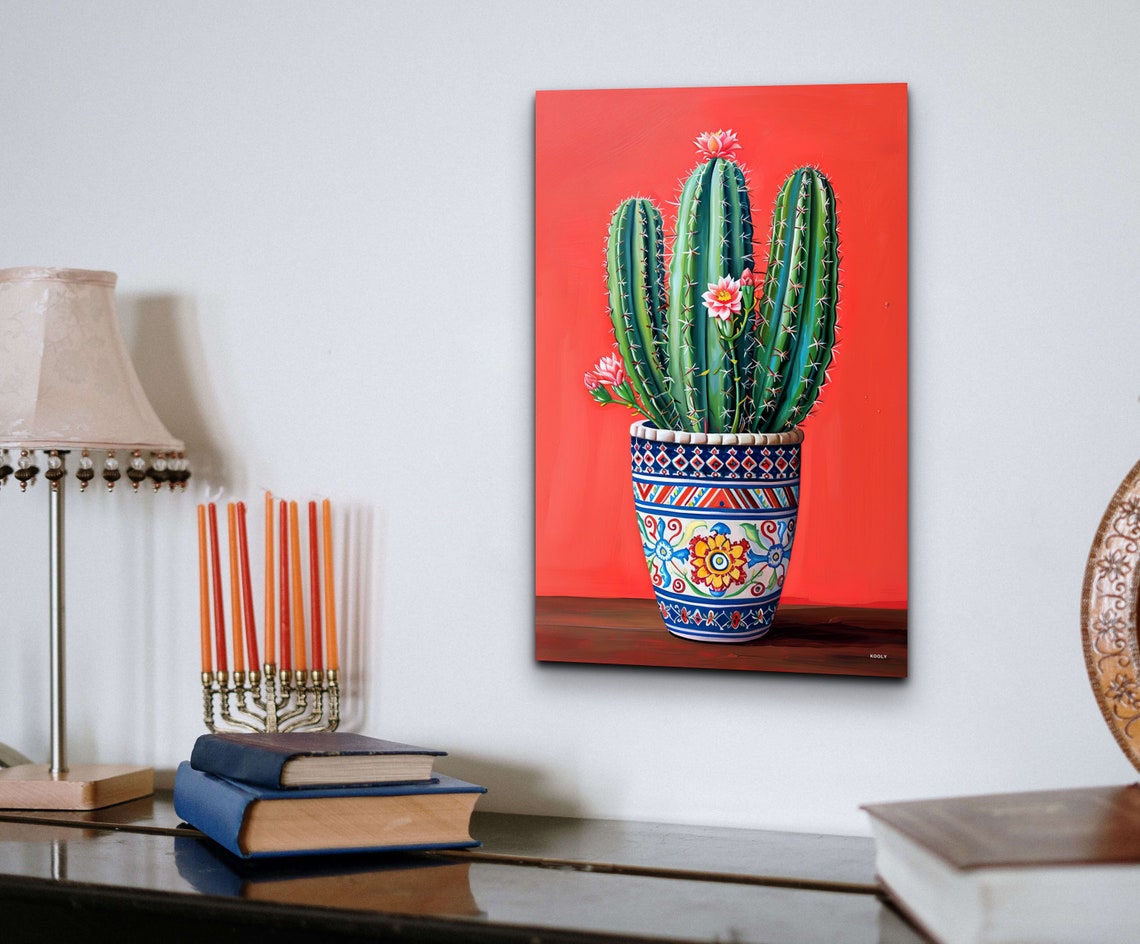 Flowering Cactus Patterned Pot Coral Background Southwest Wall Art - Image 7