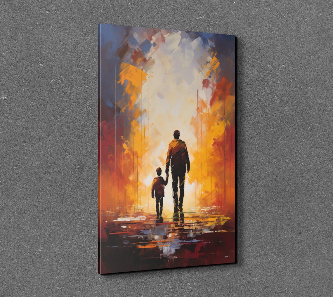 Father And Son Silhouettes Walking In Abstract Watercolor Poster