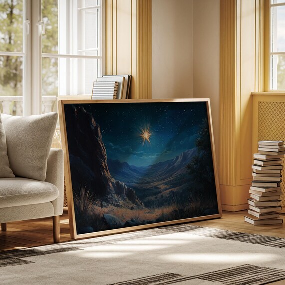 Star Of Bethlehem Over Moonlit Mountain Valley Christmas Wall Art