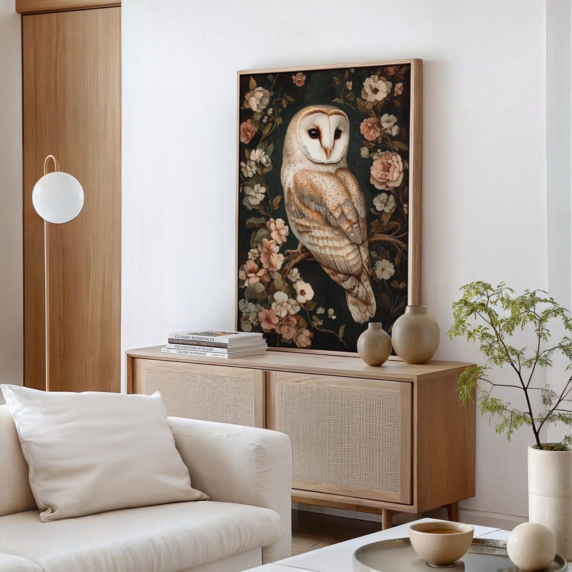 Barn Owl Surrounded by Peach Blossoms Dark Floral Art Poster - Image 6