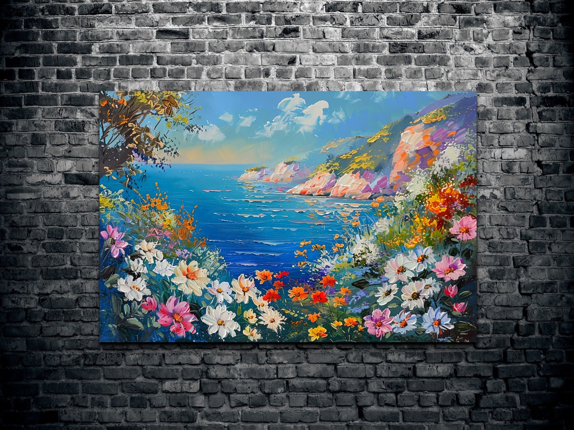 Wildflowers Above Blue Ocean Coastal Impressionist Art Poster - Image 2