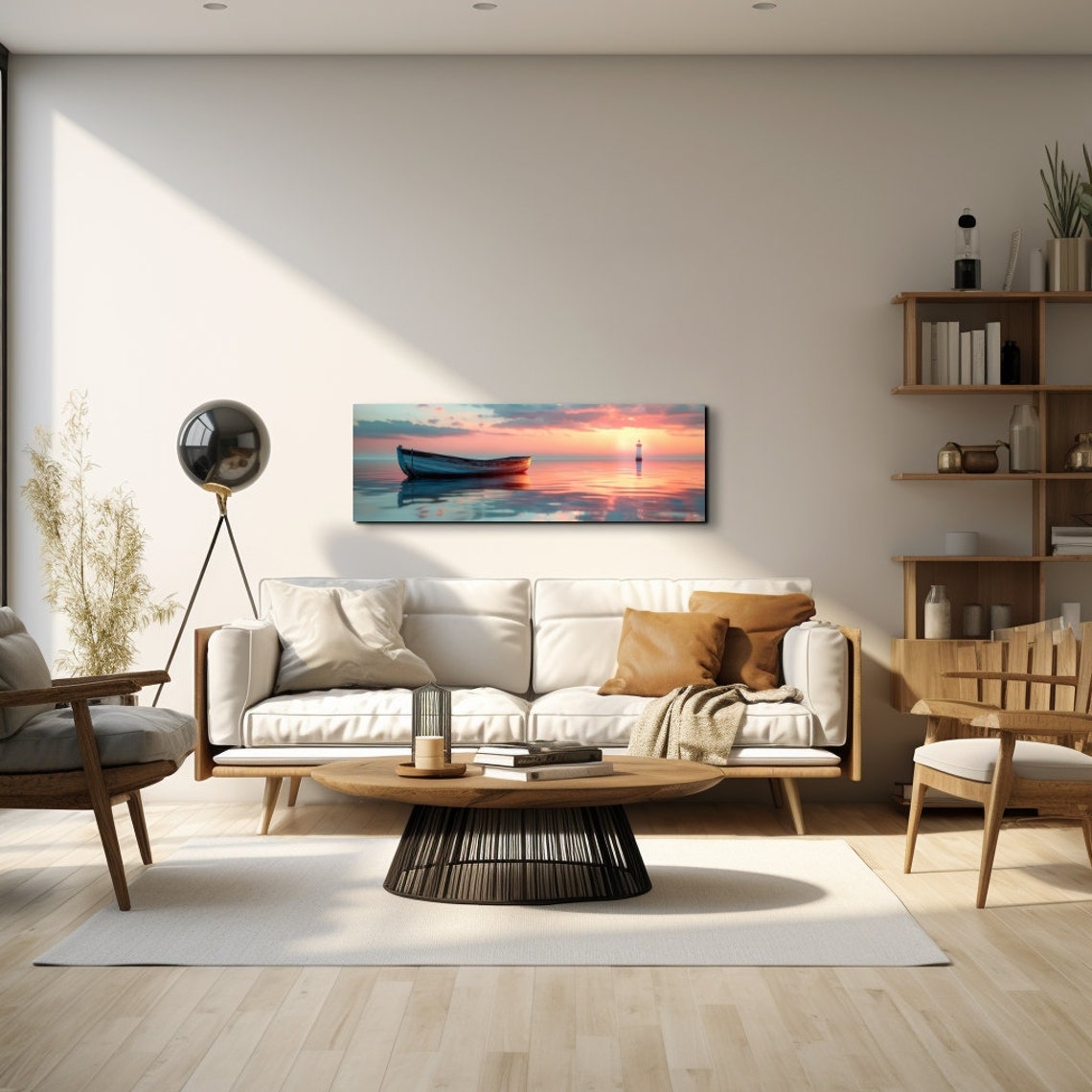 Rowboat Floating on Mirror Calm Sea at Pink Sunset Panoramic Poster - Image 7