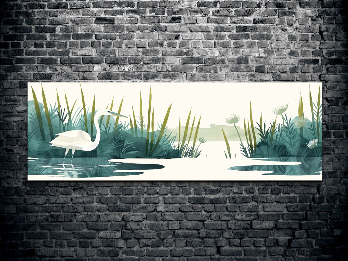 White Egret Wading In Marsh Watercolor Reeds Panoramic Wall Art - Image 3
