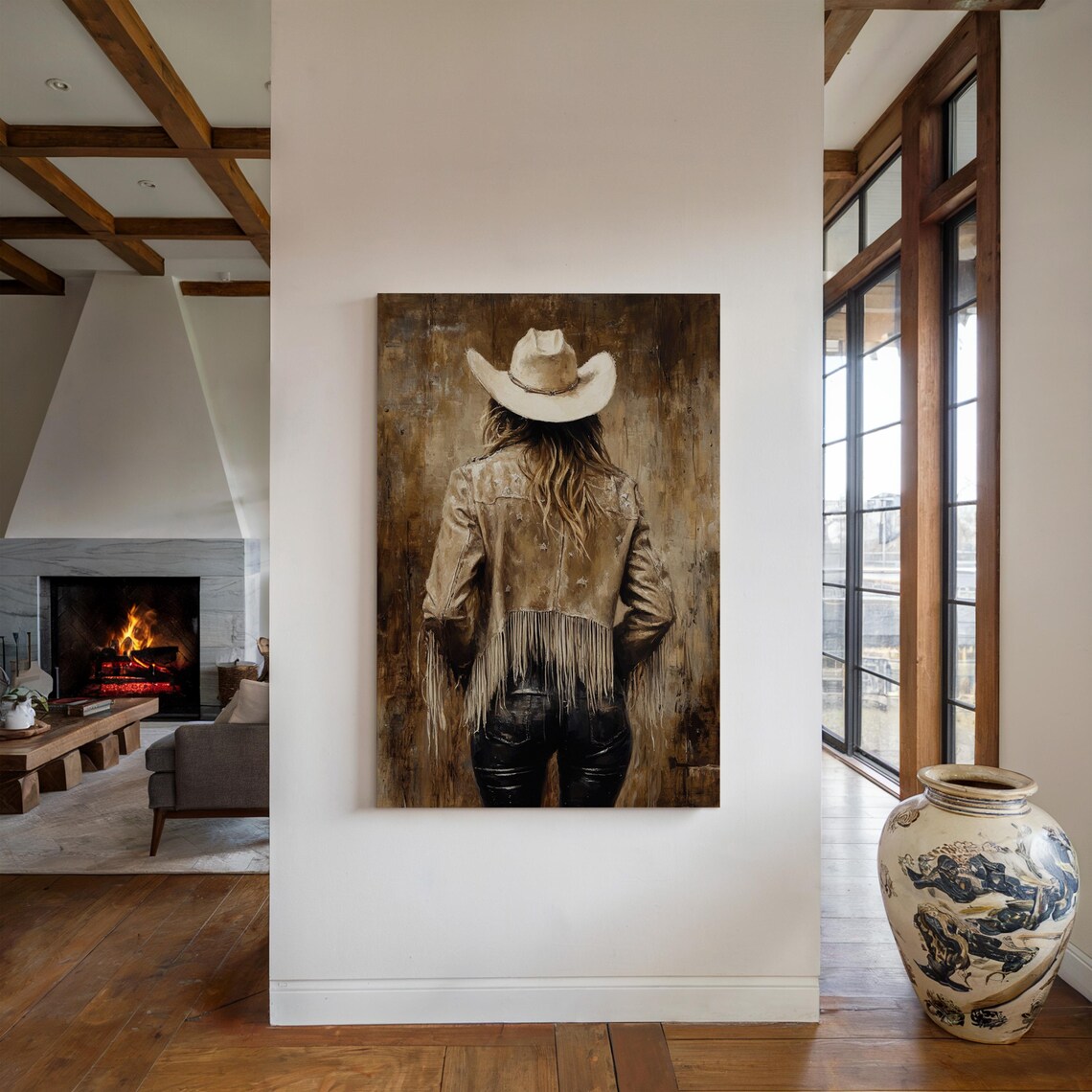 Cowgirl in Tan Fringe Jacket and White Hat Oil Painting Poster - Image 2