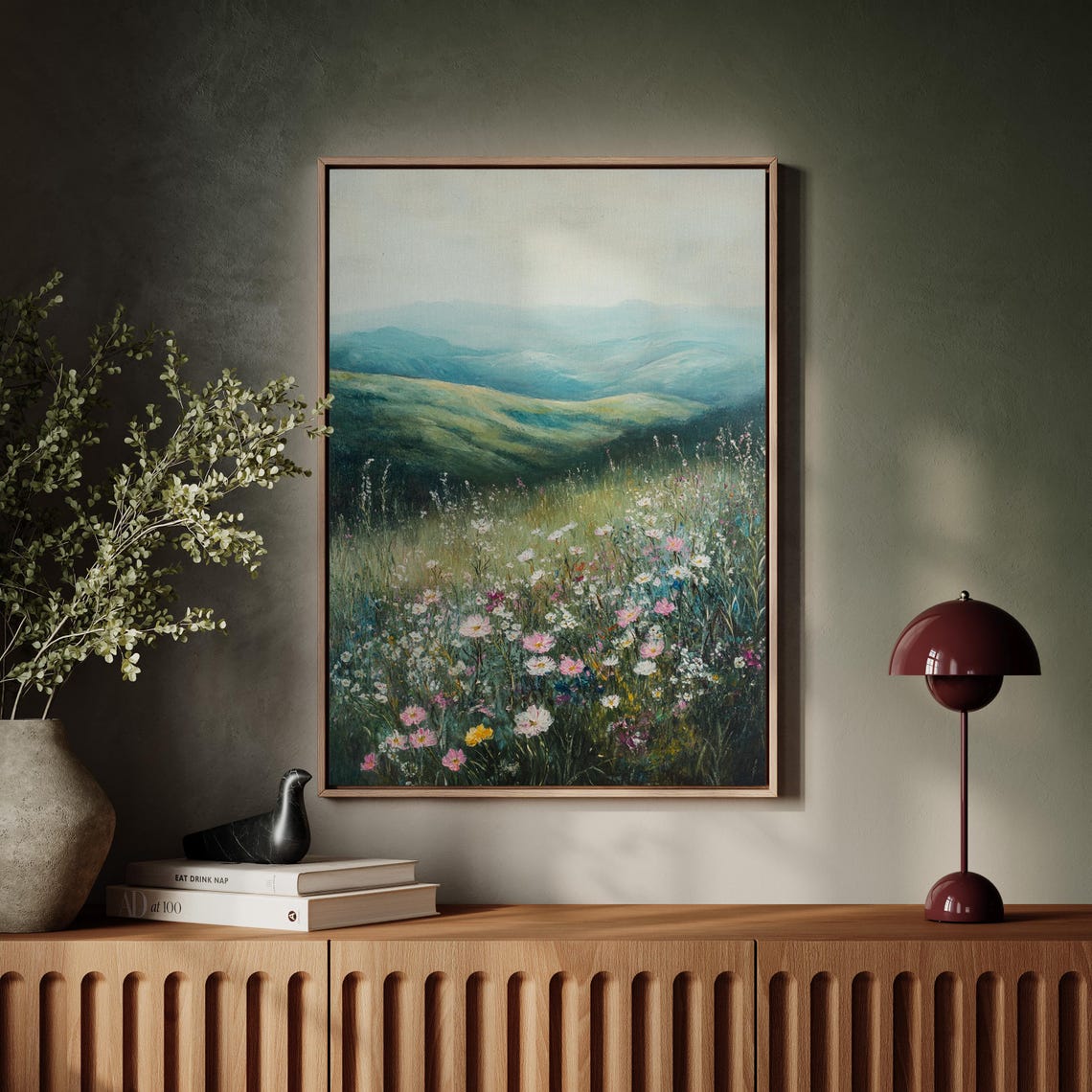 Wildflower Meadow Rolling Green Hills Misty Mountain Landscape Poster - Image 5