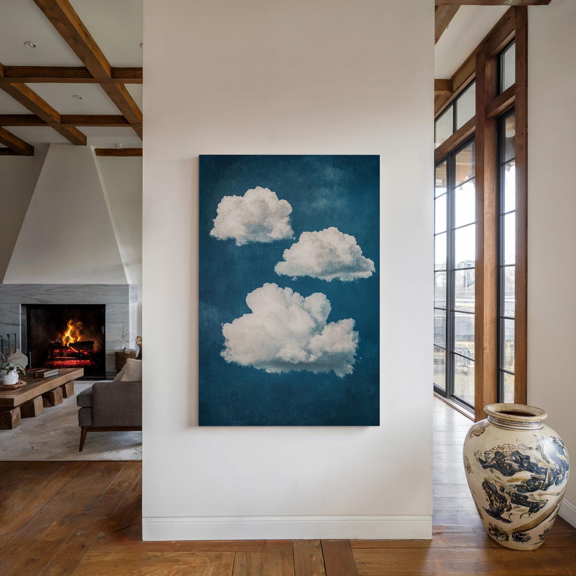 Three White Clouds On Deep Blue Vintage Textured Sky Art Poster - Image 5