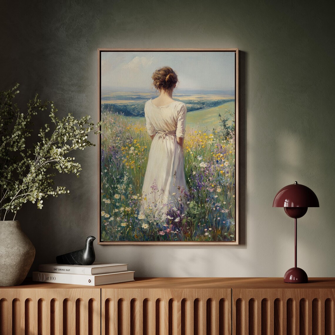 Woman In Cream Dress Standing In Wildflower Field Scenic View Poster - Image 4