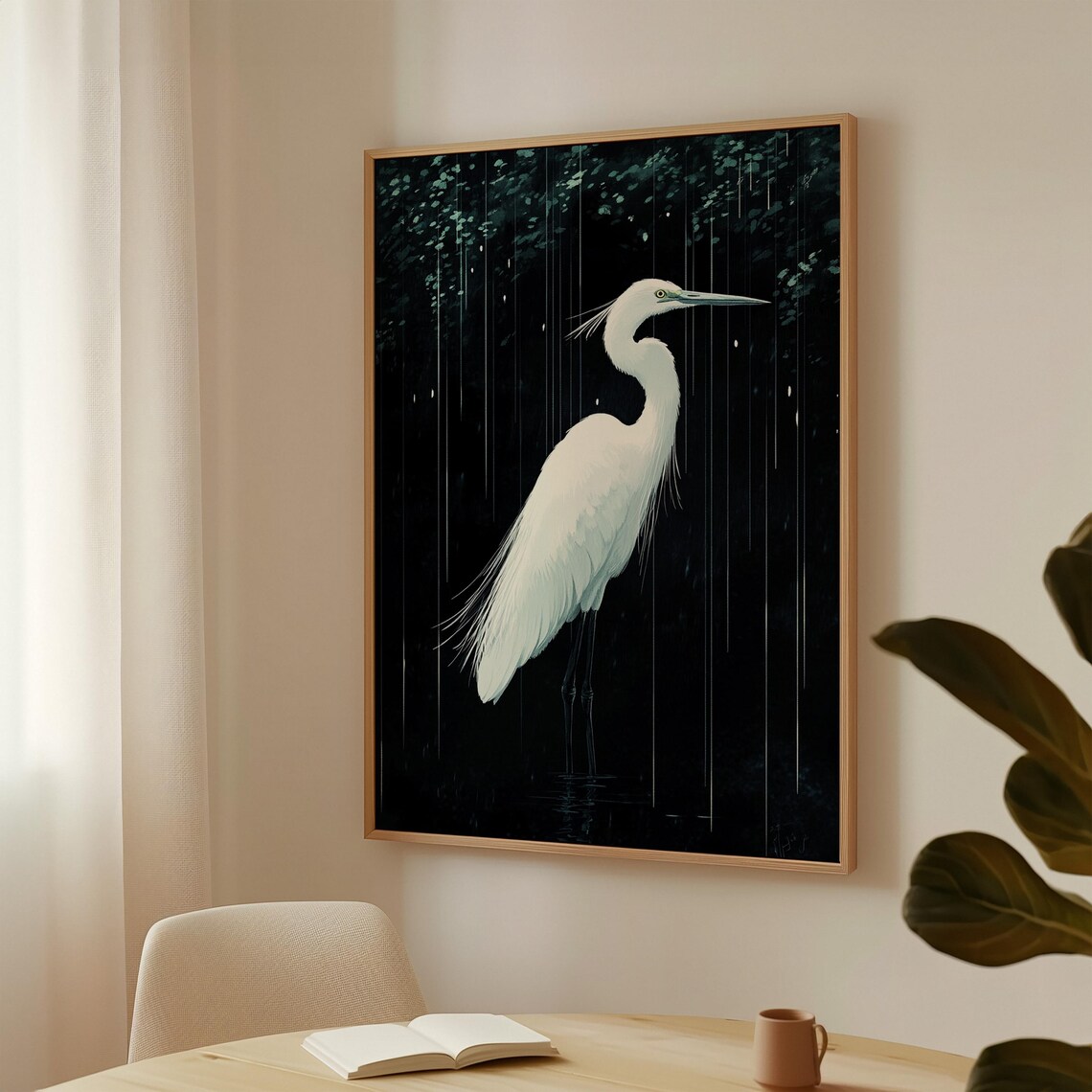 White Egret in the Rain Dramatic Dark Wildlife Bird Portrait Poster - Image 2