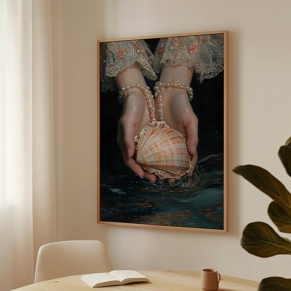 Elegant Hands Holding Seashell And Pearls Wall Art Coastal Vintage Decor Ocean Inspired Romantic Artwork