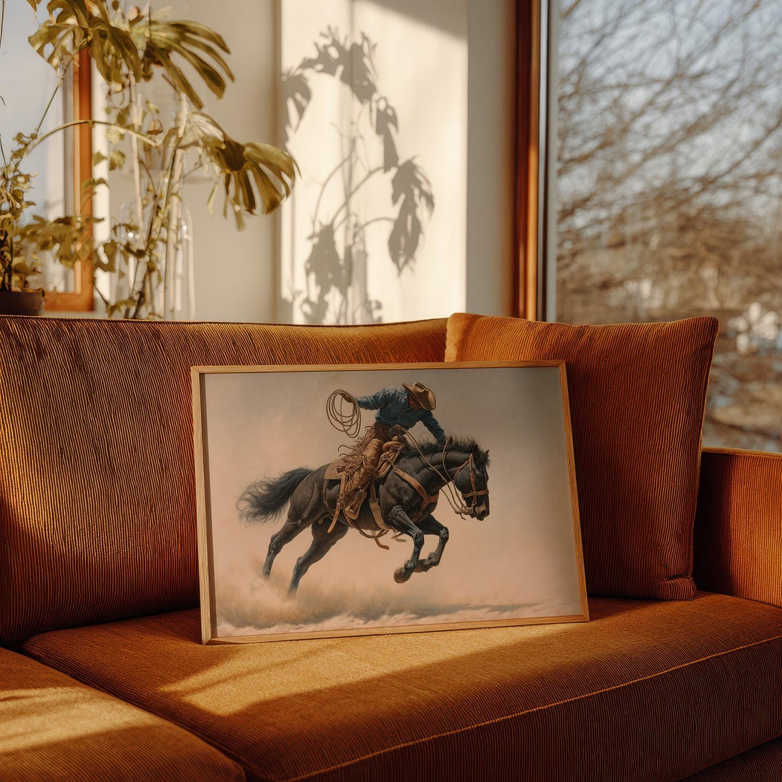 Cowboy Roping Bucking Horse Western Action Ranch Painting Poster