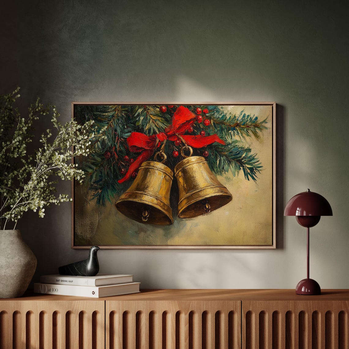 Golden Christmas Bells With Red Bow And Pine Holiday Wall Art - Image 5