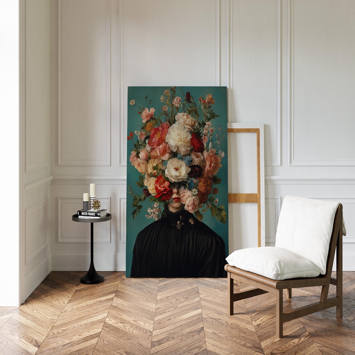 Surreal Woman with Flower Bouquet Dark Floral Portrait Art Poster - Image 2