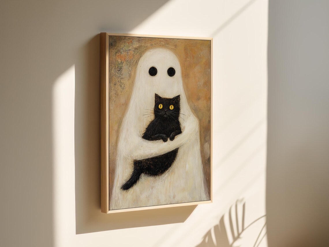 Ghost Hugging Black Cat Vintage Style Halloween Whimsical Spooky Poster - Image 3