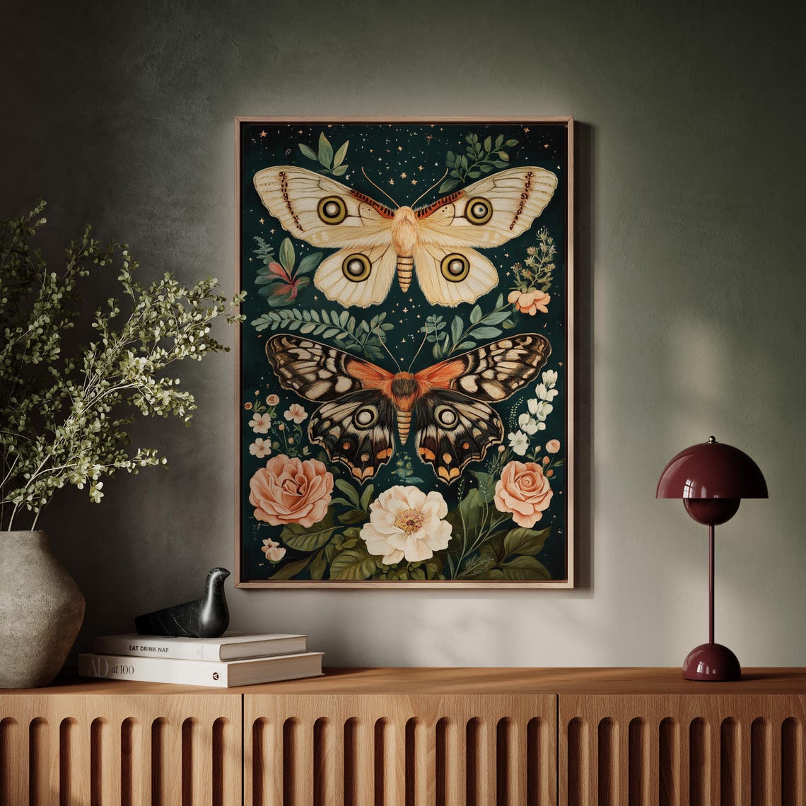 Vintage Moth Pair With Roses Dark Starry Botanical Insect Art Poster - Image 2