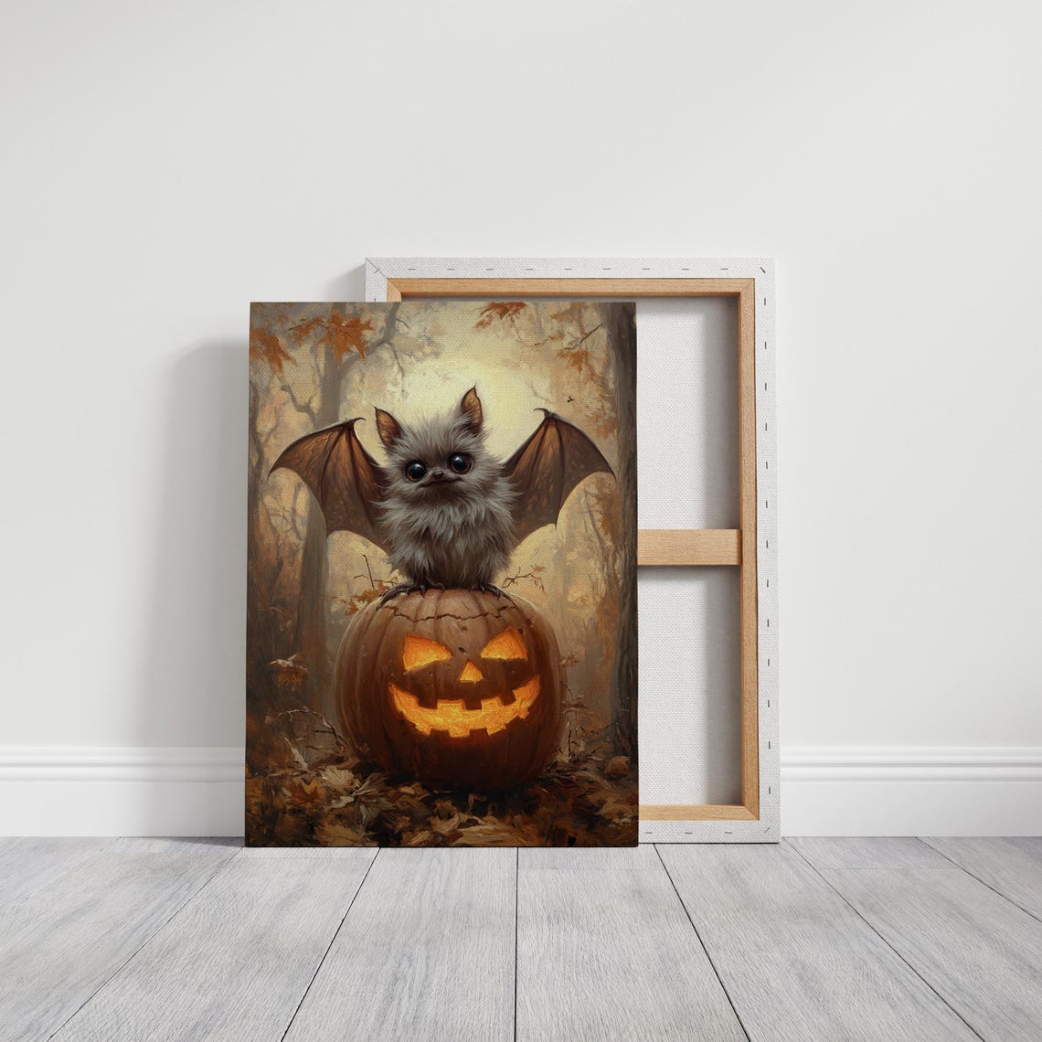 Cute Fluffy Bat On Glowing Jack O Lantern Autumn Forest Wall Art - Image 3