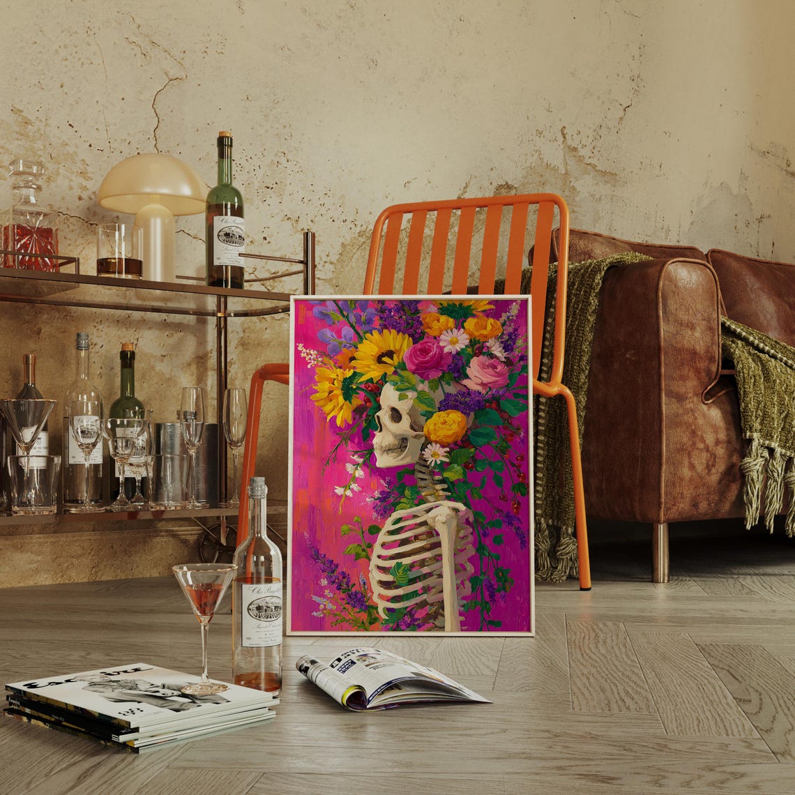 Colorful Floral Skeleton Day of the Dead Botanical Artwork Poster