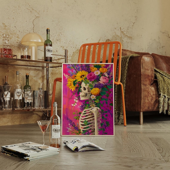 Colorful Floral Skeleton Day of the Dead Botanical Artwork Poster