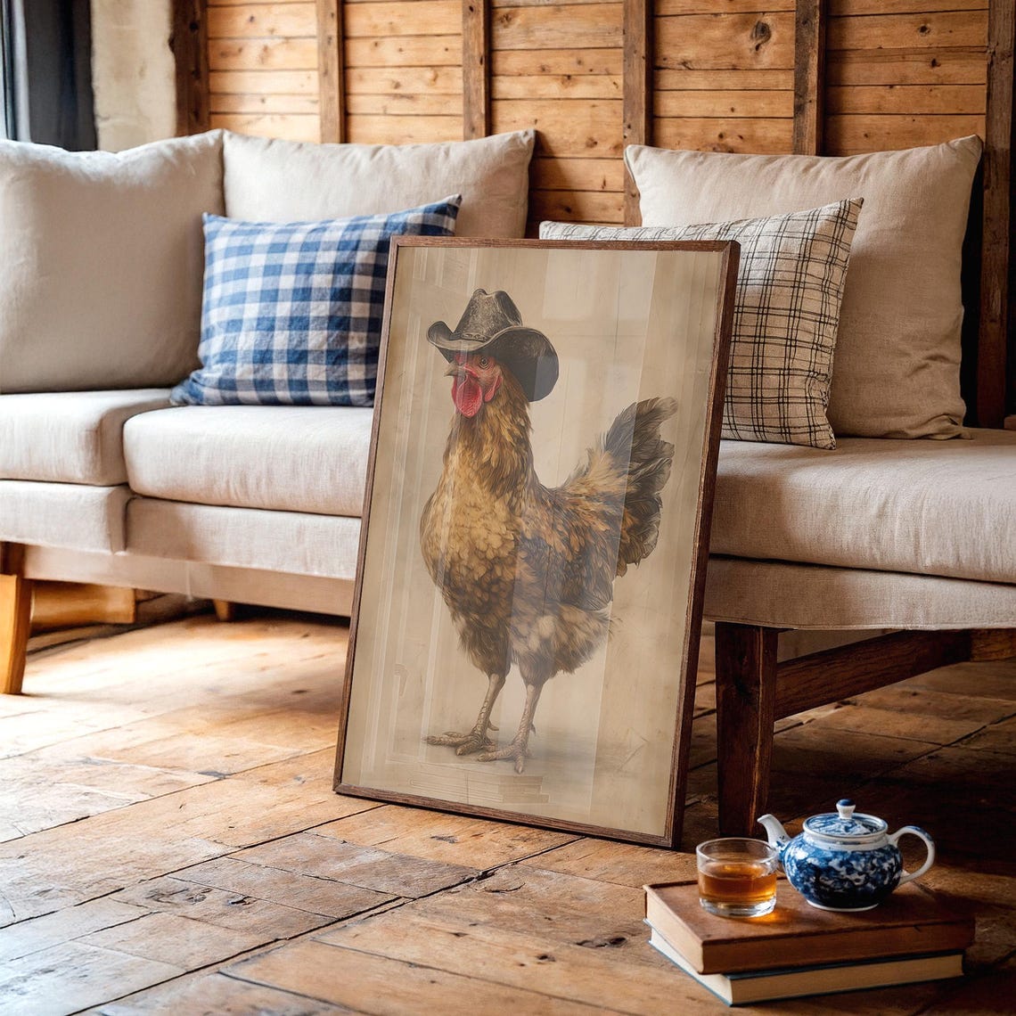 Cowboy Chicken Wearing A Hat Rustic Western Farmhouse Wall Art