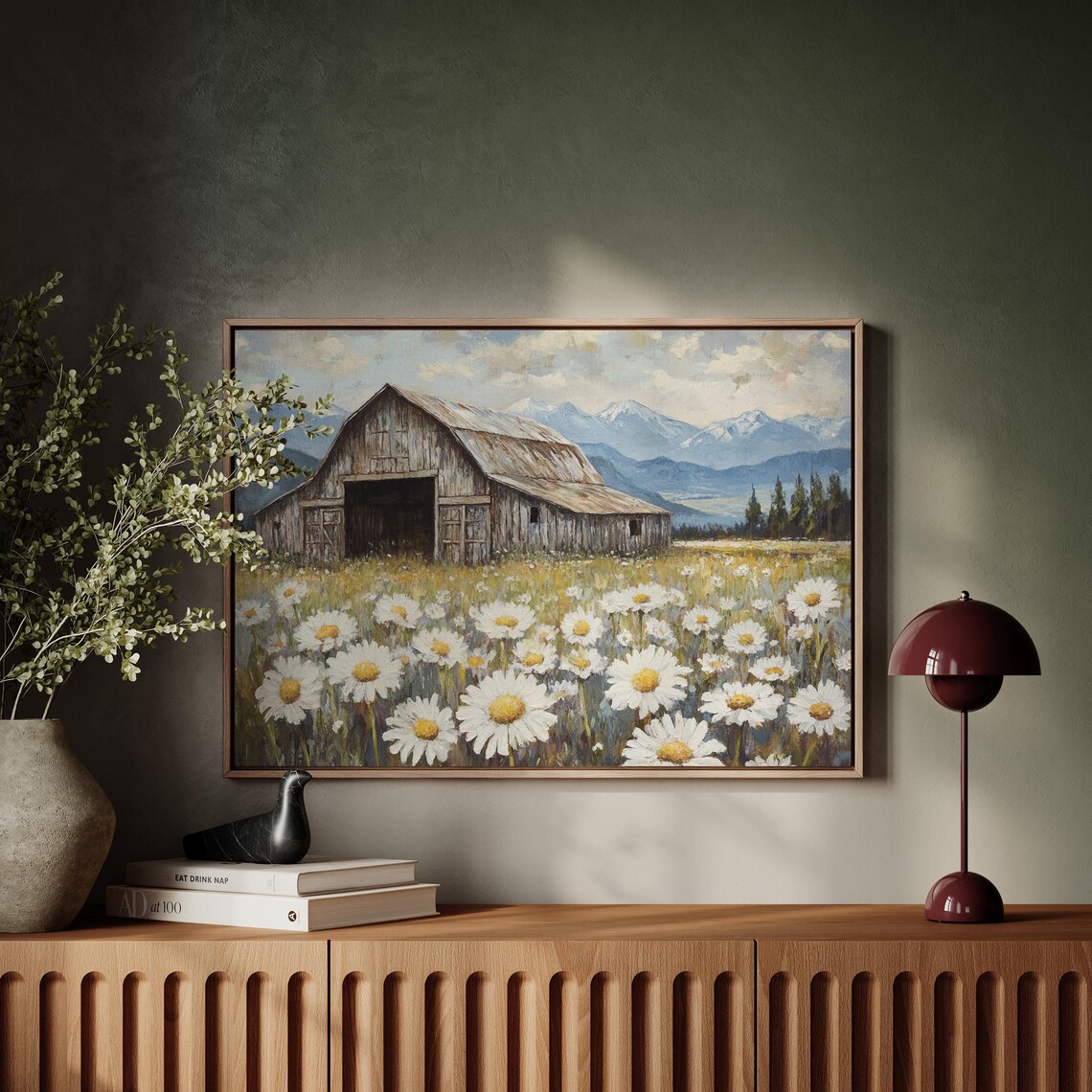 Rustic Barn With Daisies, Farmhouse Landscape Art Print - Image 5