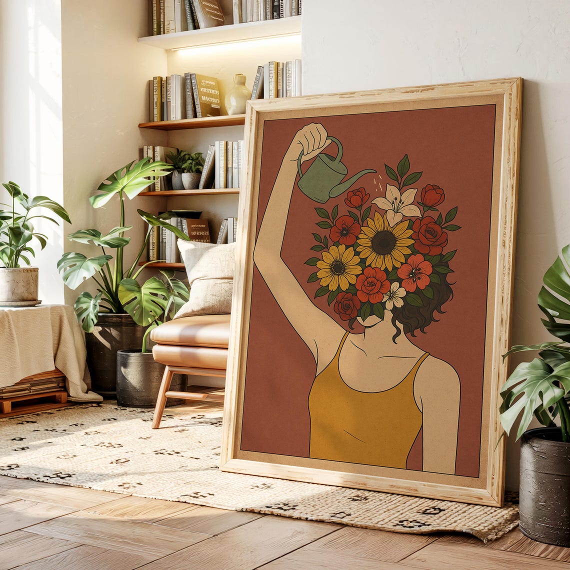 Surreal Woman Watering Flower Head Self Growth Botanical Art Poster