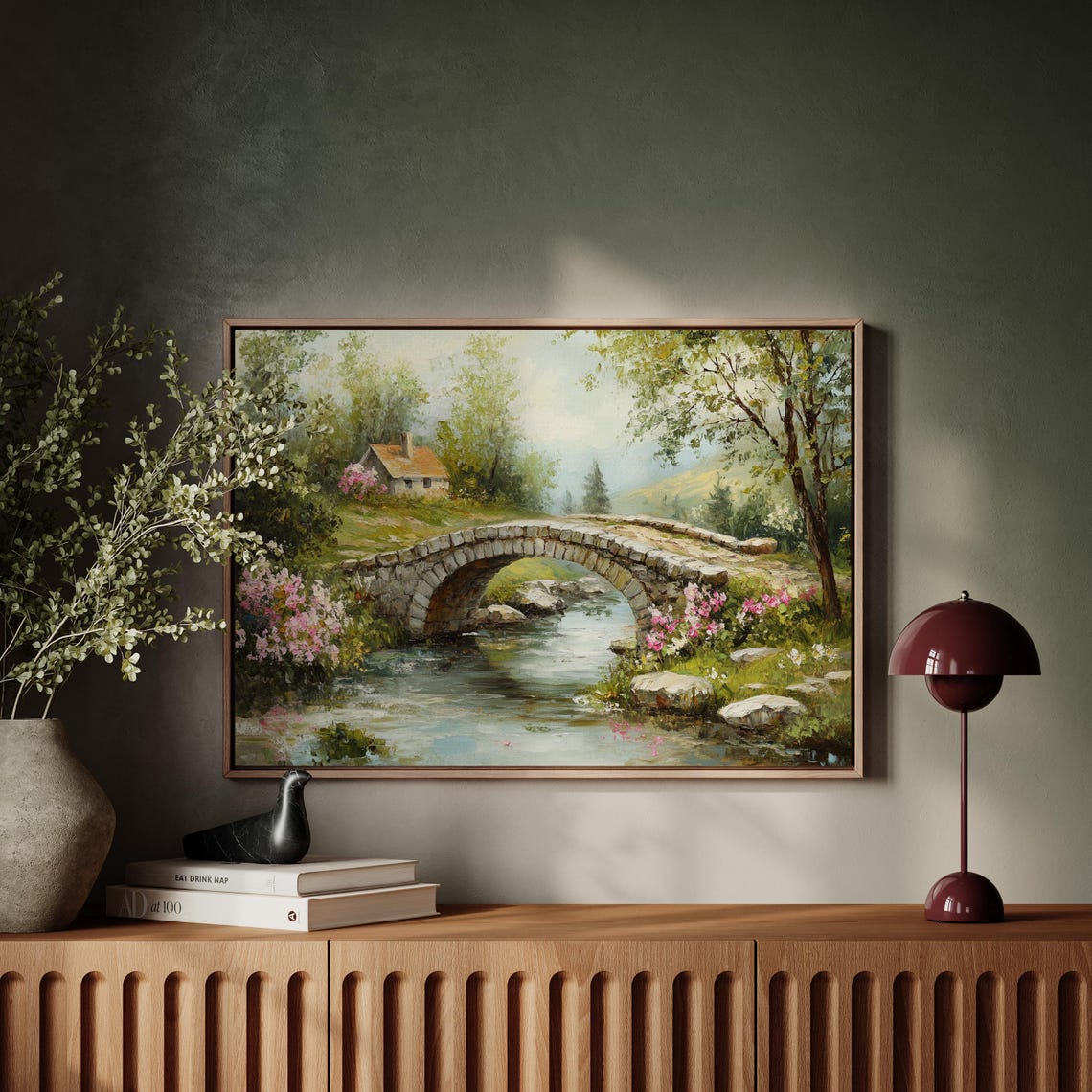 Stone Arch Bridge Over Stream With Pink Blossoms Cottage Wall Art - Image 5