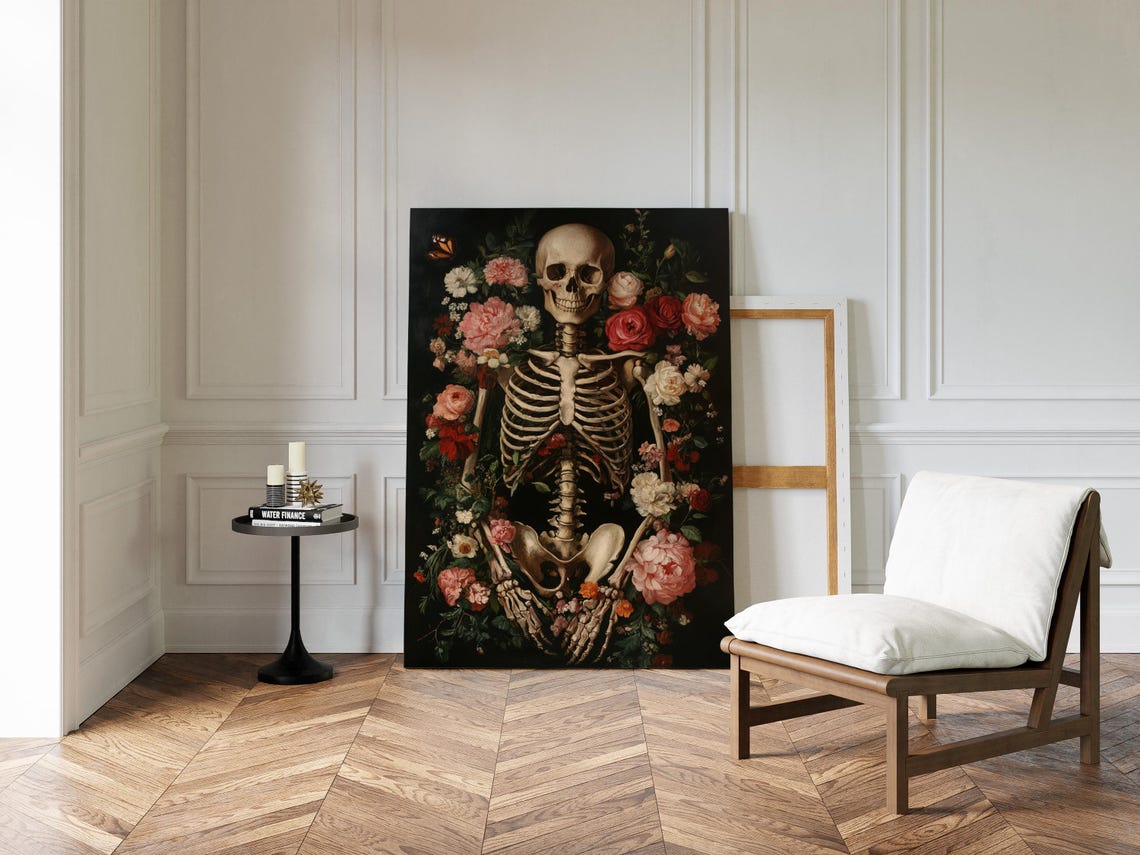 Romantic Skeleton With Red Roses Dark Floral Gothic Anatomy Art Poster - Image 2