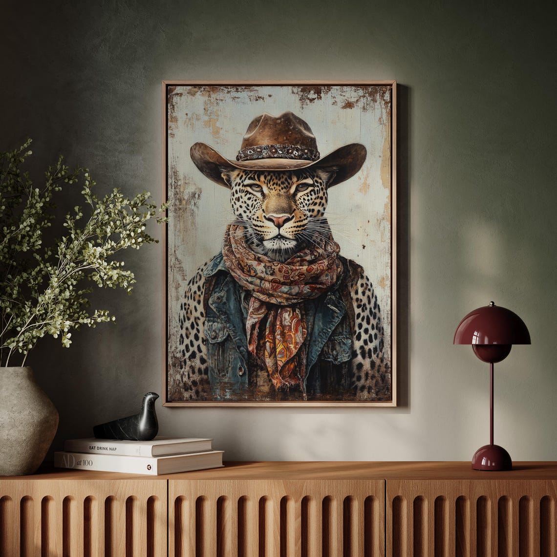 Western Leopard Portrait Cowboy Hat Bandana Vintage Style Poster - Image 7