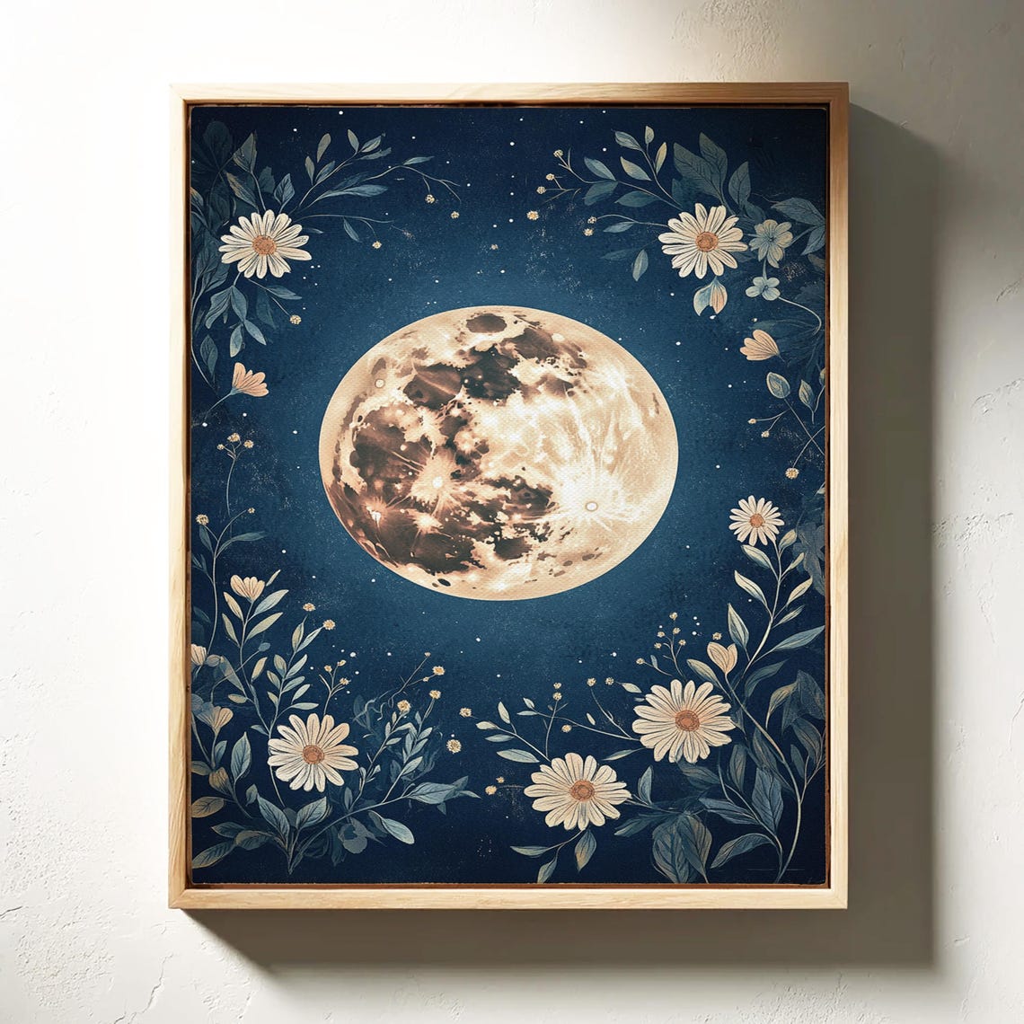 Full Moon Teal Night Sky Daisy Botanical Celestial Art Poster - Image 3