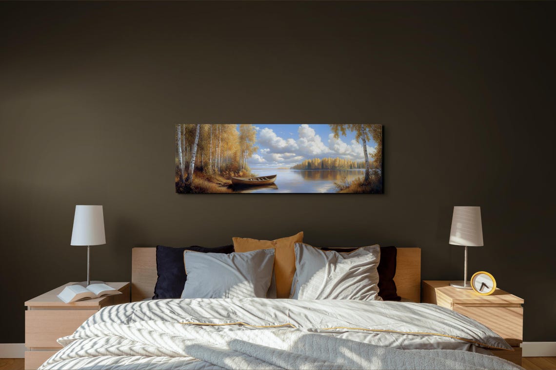 Wooden Rowboat on Autumn Birch Lake Calm Water Panoramic Poster - Image 6