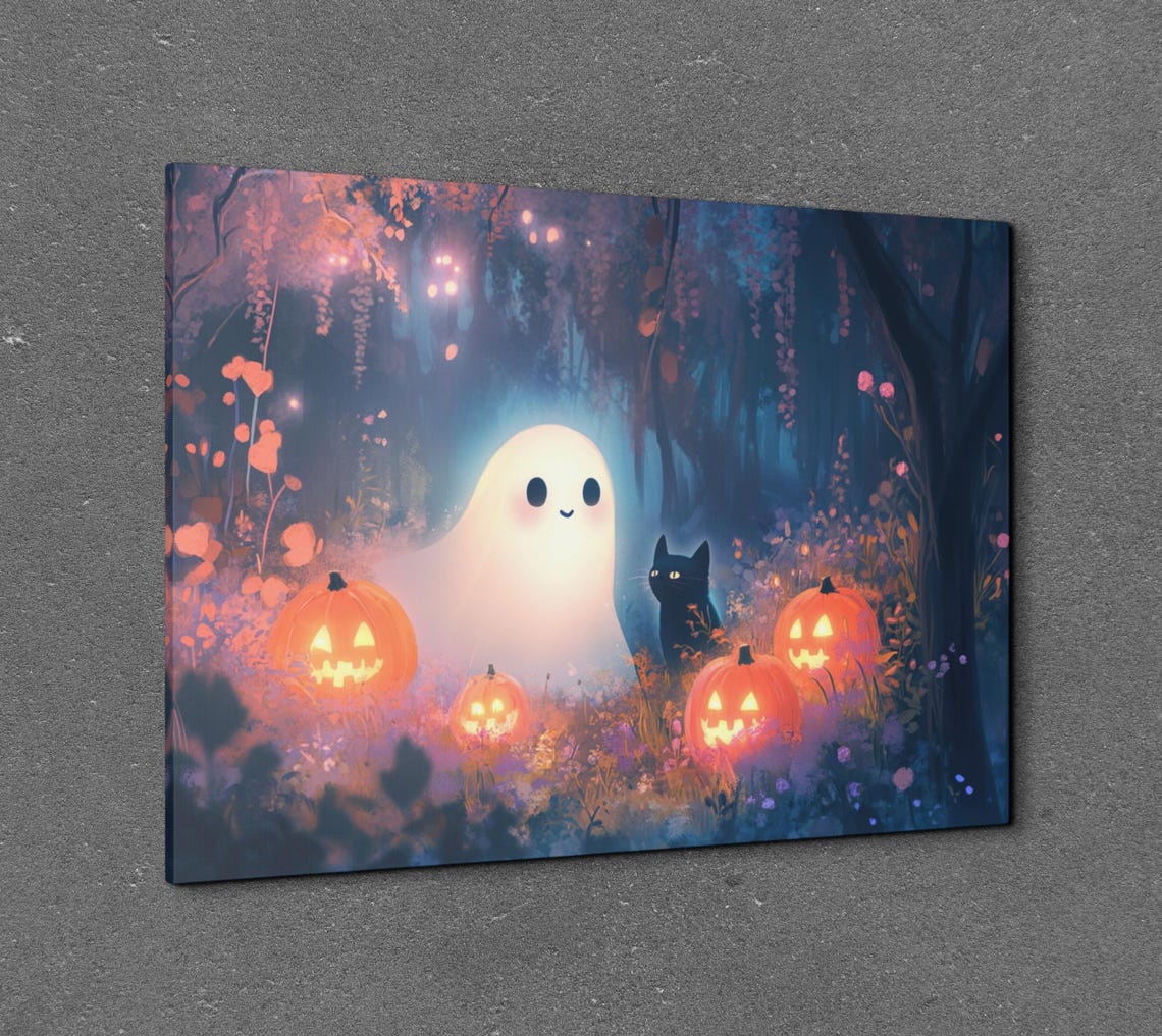 Smiling Ghost Black Cat Pumpkins Magical Forest Scene Poster - Image 6